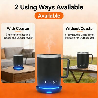 Draagbare roestvrijstalen LED digitale temperatuurgecontroleerde zelfverwarmende koffiemok, in de fabriek ontworpen slimme koffiemok