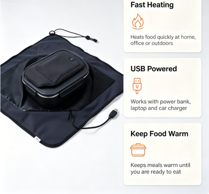 Zelfverzegelbare voedselverwarmingszak met USB-aansluiting voor een gestage, zachte verwarming van verpakte maaltijden geschikt voor reizen, picknicken en dagelijks gebruik