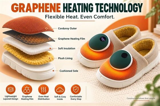 Afneembare Magnetische Verwarmde Pantoffels, Grafeen Verwarmingsmodule met Digitale Weergave, Aangepast Kleur Materiaal Label en Verpakking