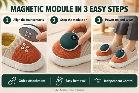 Afneembare Magnetische Verwarmde Pantoffels, Grafeen Verwarmingsmodule met Digitale Weergave, Aangepast Kleur Materiaal Label en Verpakking