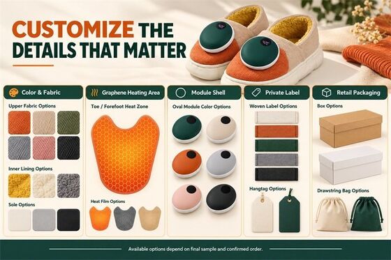 Afneembare Magnetische Verwarmde Pantoffels, Grafeen Verwarmingsmodule met Digitale Weergave, Aangepast Kleur Materiaal Label en Verpakking