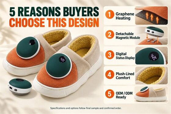 Afneembare Magnetische Verwarmde Pantoffels, Grafeen Verwarmingsmodule met Digitale Weergave, Aangepast Kleur Materiaal Label en Verpakking