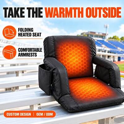 Folding Heated Stadium Seat, 12V USB Power Bank Graphene Dual Zone Heating Seat Cushion with Backrest Armrests and Side Pockets, Custom Size Shape Colour Logo Packaging OEM ODM