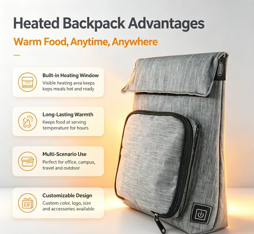 OEM ODM Custom Logo USB Verwarmde Voedselwarmer Pouch, Waterdichte Lekvrije Wasbare Afneembare Oplaadbare Verwarmingszak voor Reis Picknick School