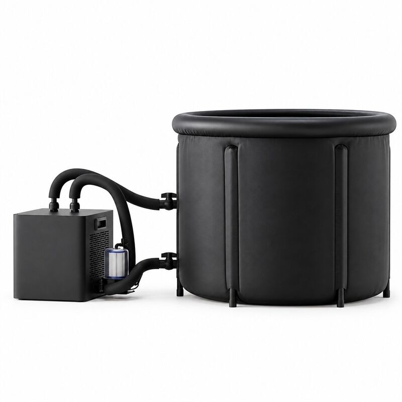 IJsbadbad met externe koeler Zwarte ronde koude badkamer met twee water slangen filter en gesloten deksel voor op maat gemaakte projecten