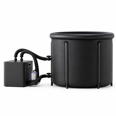 IJsbadbad met externe koeler Zwarte ronde koude badkamer met twee water slangen filter en gesloten deksel voor op maat gemaakte projecten